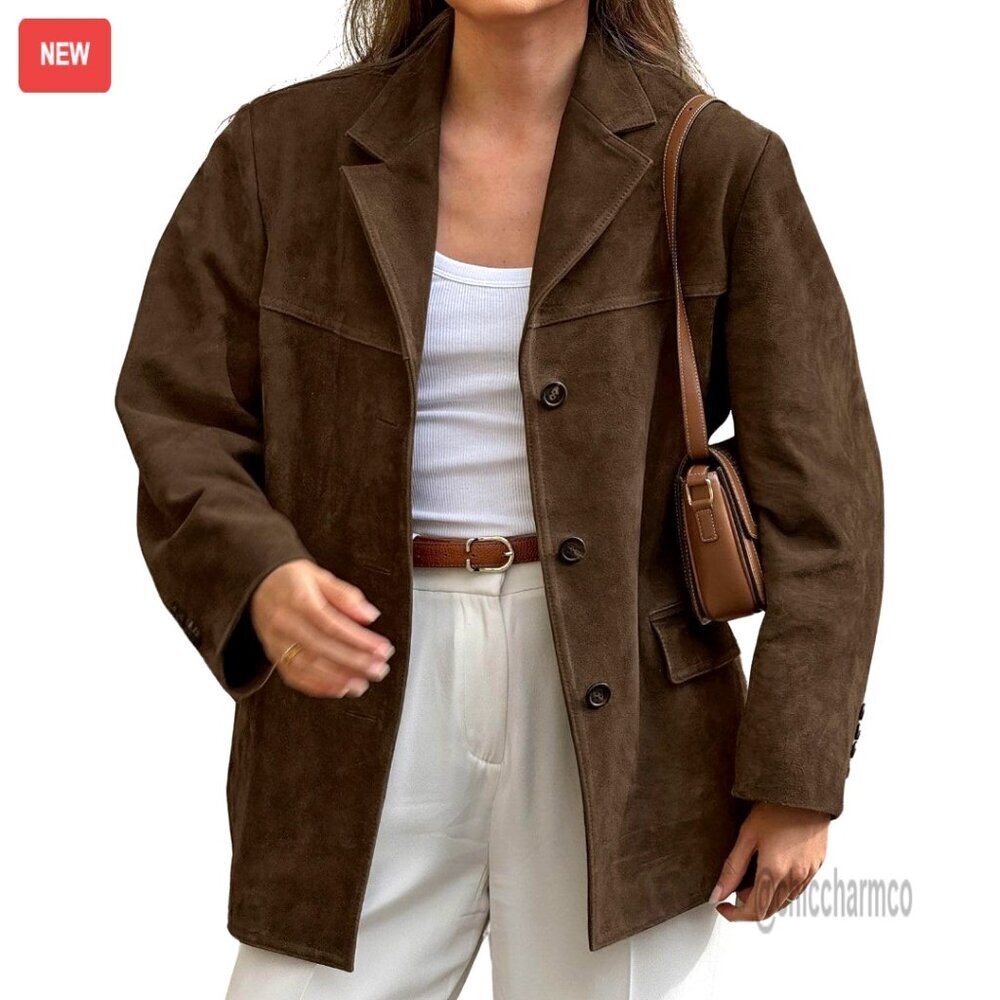 Women's Faux Suede Leather Blazer Jacket Oversized Bomber Coat Fall Winter